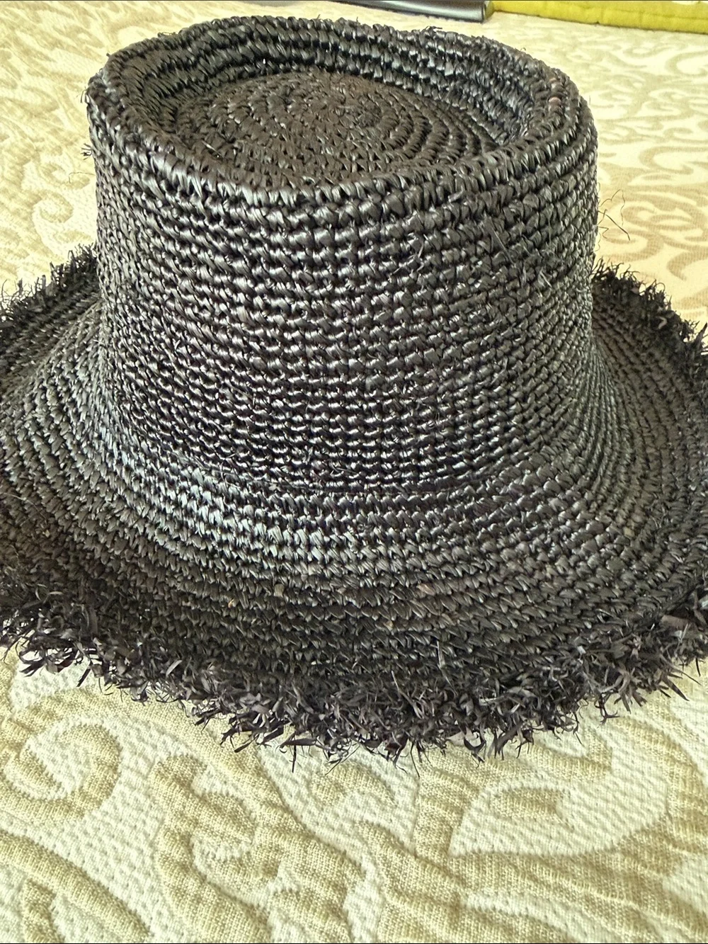 NWT WYETH Black Raffia Straw Sun Hat with Frayed Brim packable
